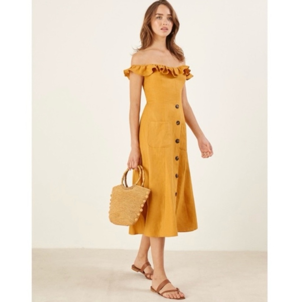 Reformation Mustard Off-Shoulder Ruffle Button-Midi Dress